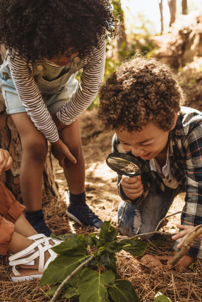 Children explore their natural environment using magnifying glasses